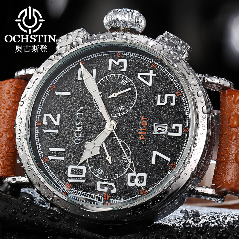 Leather Watch Band Men - OCHSTIN 本革ストラップ男性クォーツ腕時計メンズ防水多機能ムーブメント腕時計男性防水時計
