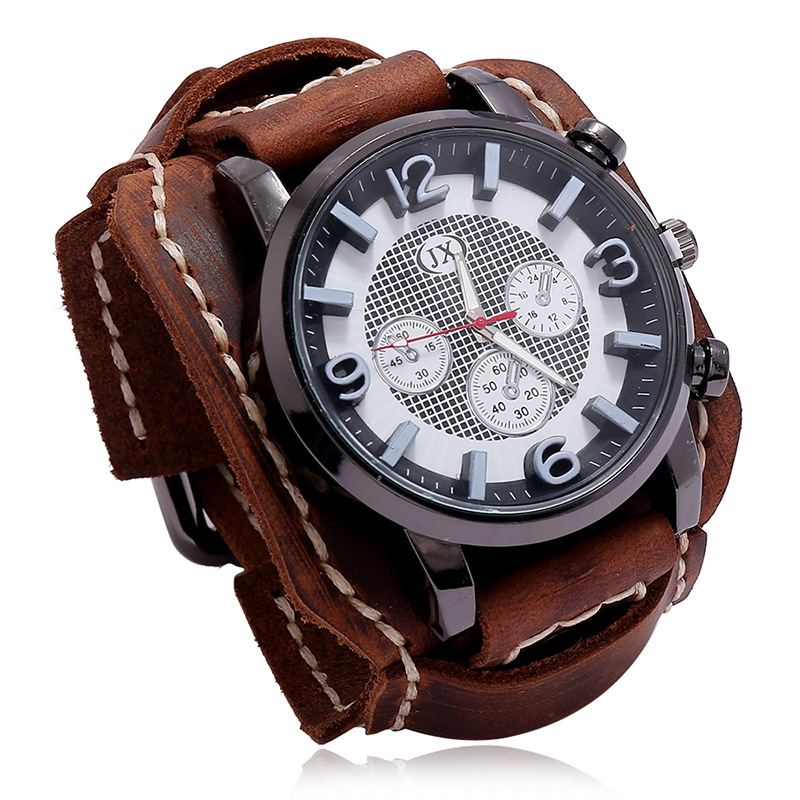 男性用本革レトロクォーツ時計,ワイド腕時計,パンクスタイル, - Leather Watch Band Men のレビューと価格