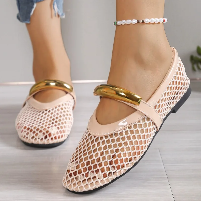 女性の通気性のある夏ラウンドトゥ浅い口メタルバックルワンバッ - Mesh Strap Metal のレビューと価格