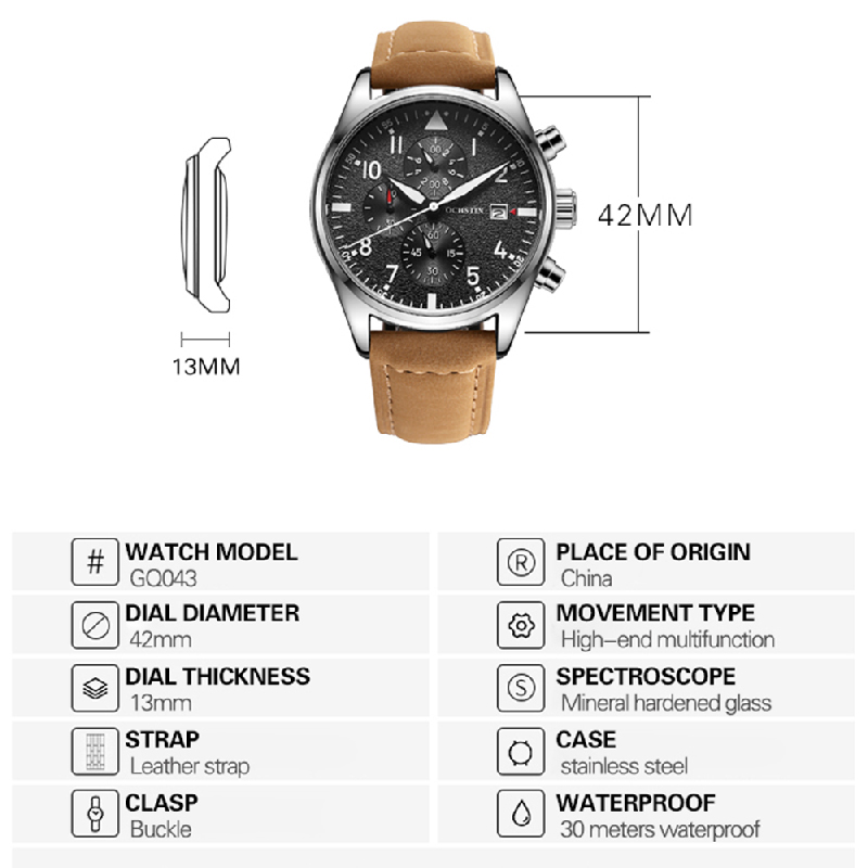 OCHSTIN オリジナルメンズクロノグラフ腕時計ストップウ - Leather Watch Band Men のレビューと価格
